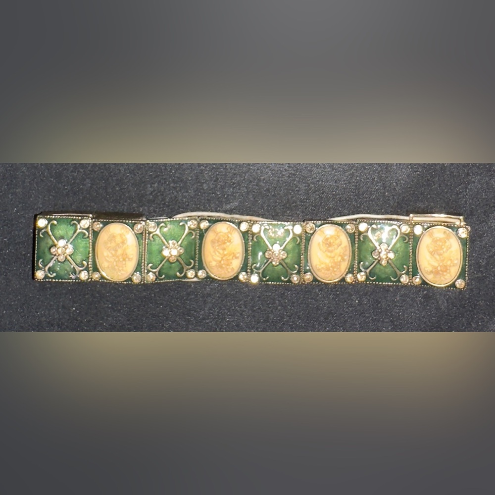 Vintage 1930s Guilloché Enamel Celluloid Cameo Panel Bracelet Art Deco Green